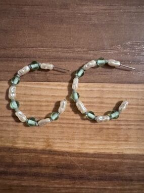 Vintage Green and Cream Beaded Hoop Earrings